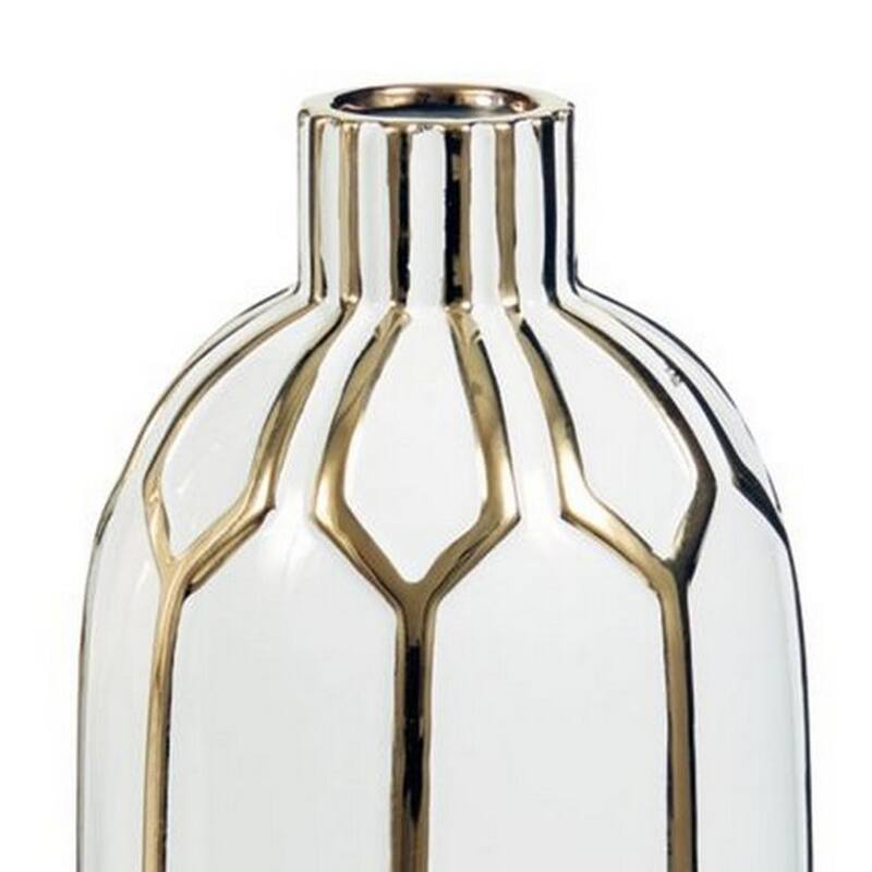 Vase with Honeycomb Geometric Design, Set of 2, White and Gold