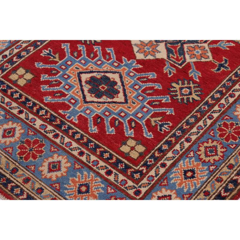 Southwestern Kazak Camren Red/Light Blue Wool Rug - 3'3'' x 4'9''