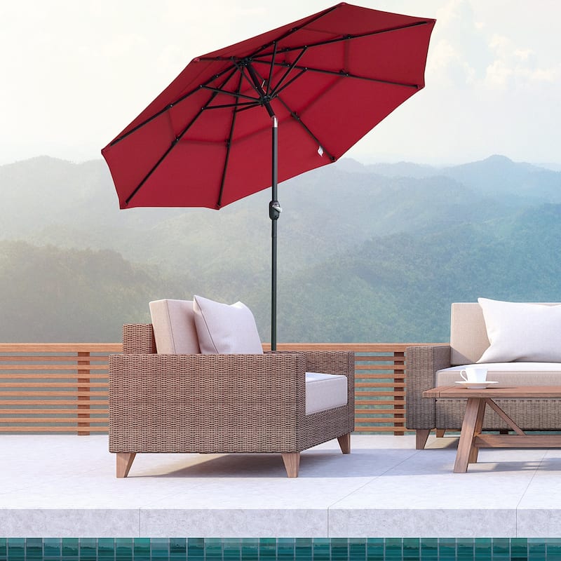 9FT 3 Tiers Patio Umbrella Outdoor Market Umbrella with Crank, Push Button Tilt for Deck, Backyard and Lawn, Wine Red