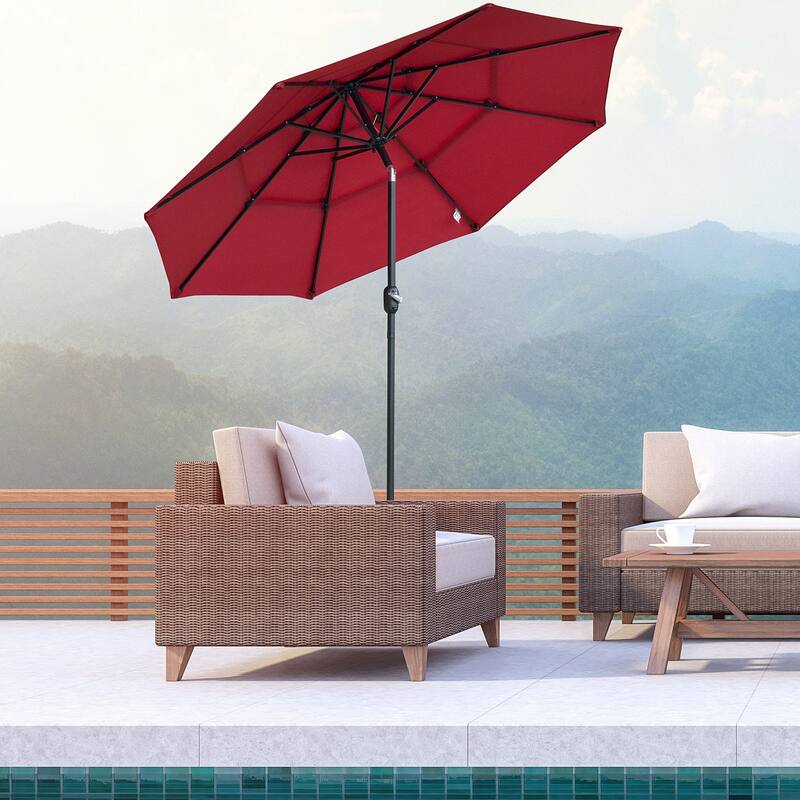 Outsunny 9FT 3 Tiers Patio Umbrella Outdoor Market Umbrella with Crank, Push Button Tilt for Deck, Backyard and Lawn - Wine Red