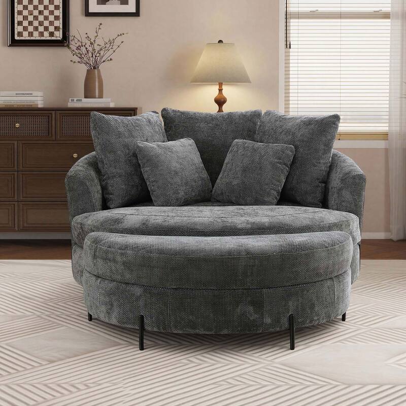 59.8''W Oversized Sofa Chair Set, Round Accent Barrel Chair With 5 Pillows and 1 Storage Ottoman