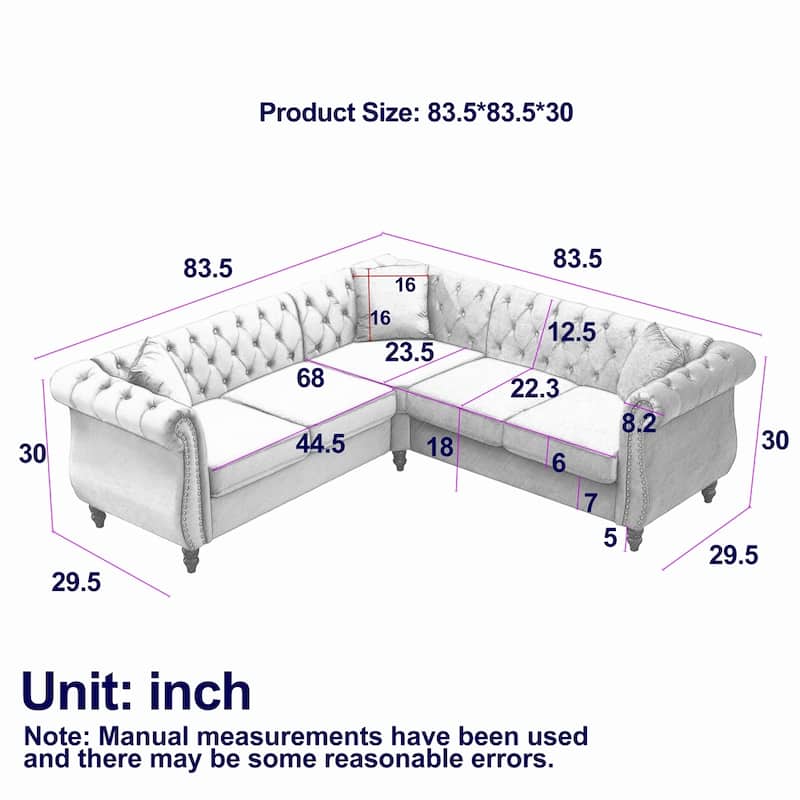 5-Seater Velvet L-Shaped Sectional Sofa with 3 Pillows and Wood Frame