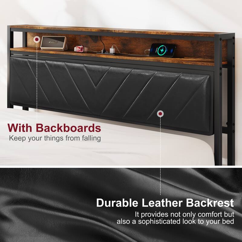 Metal Platform Bed Frame with Adjustable Upholstered Headboard, Charging Station, LED Lights, Noiseless