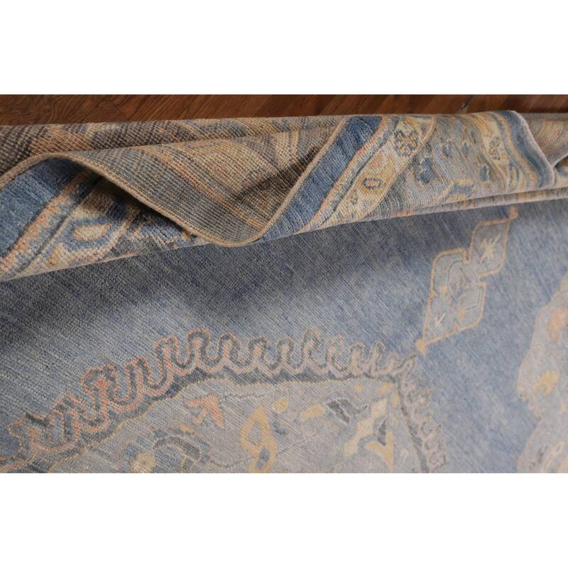 Vegetable Dye Oushak Oriental Area Rug Hand-Knotted Blue Wool Carpet - 9'4"x 12'7"