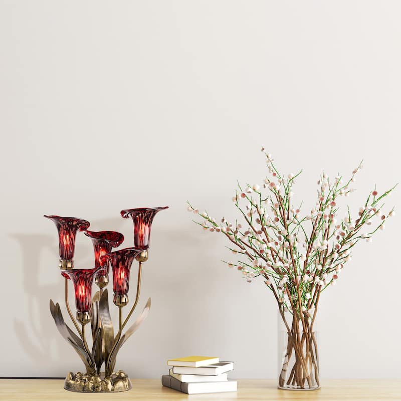20-inch Antique Brass and Hand Blown Glass 5 Calla Lily Uplight Accent Lamp - 15" x 14" x 20"