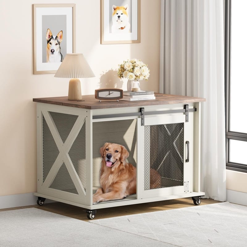 Large Wooden Dog Crate Kennel Furniture Side End Table with Flip Top and Movable Divider - White