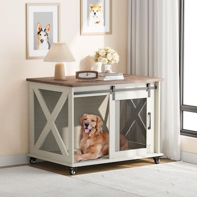 Large Wooden Dog Crate Kennel Furniture Side End Table with Flip Top and Movable Divider