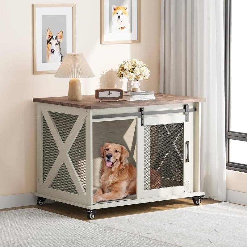 Large Wooden Dog Crate Kennel Furniture Side End Table with Flip Top and Movable Divider