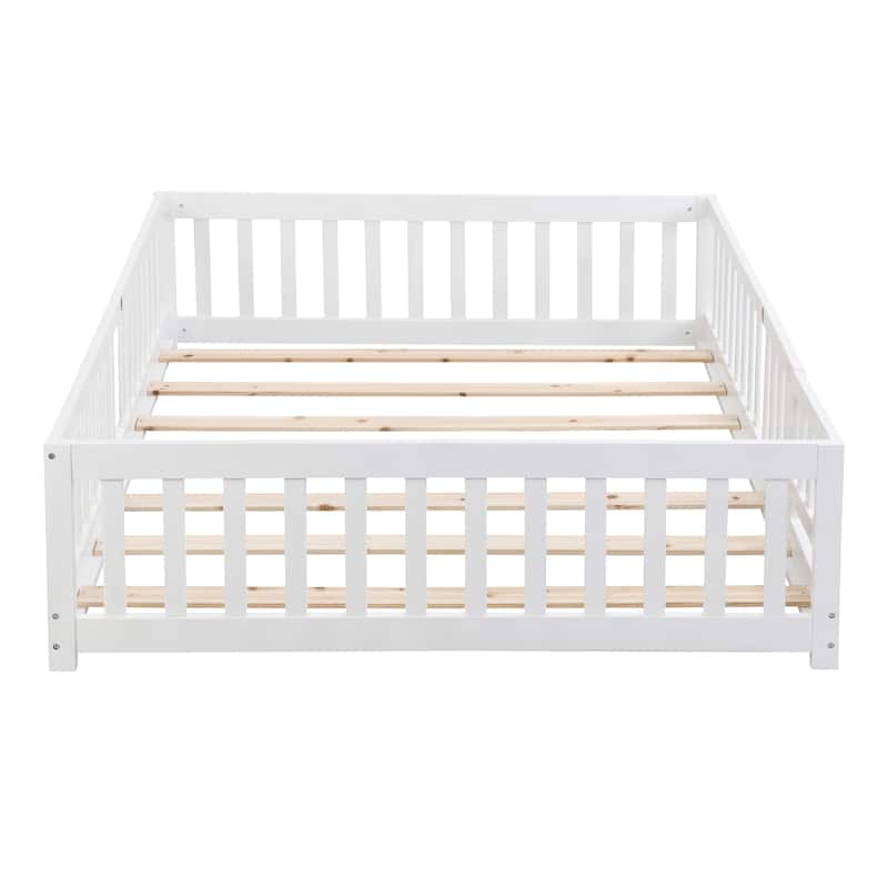 Twin Size Floor Bed with Door,Solid Wood Platform Bed Frame with Fence,Suitable for Children,Pine Wood