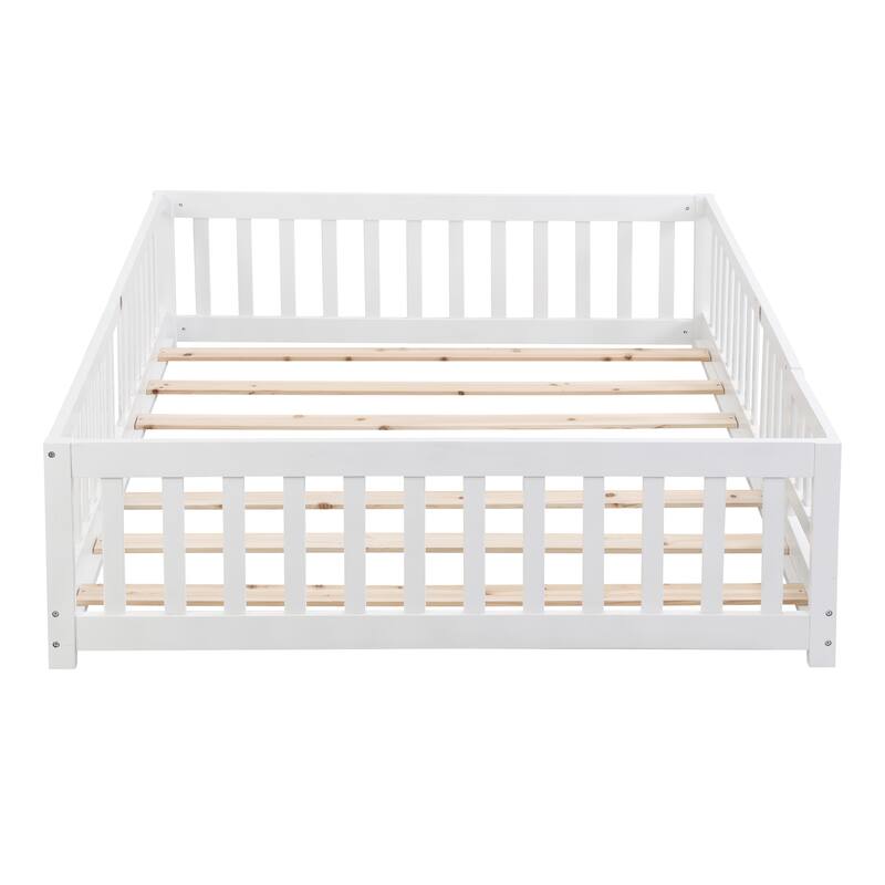 Twin Size Floor Bed with Safety Door, Solid Wood Platform Bed Frame with Fence, Ideal for Kids, Pine Wood, White