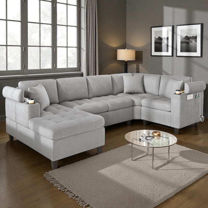 115.7" Modern U-Shaped Sectional Sofa with Cup Holders, Storage Space and USB Ports, Oversized Chenille Couch for Living Room