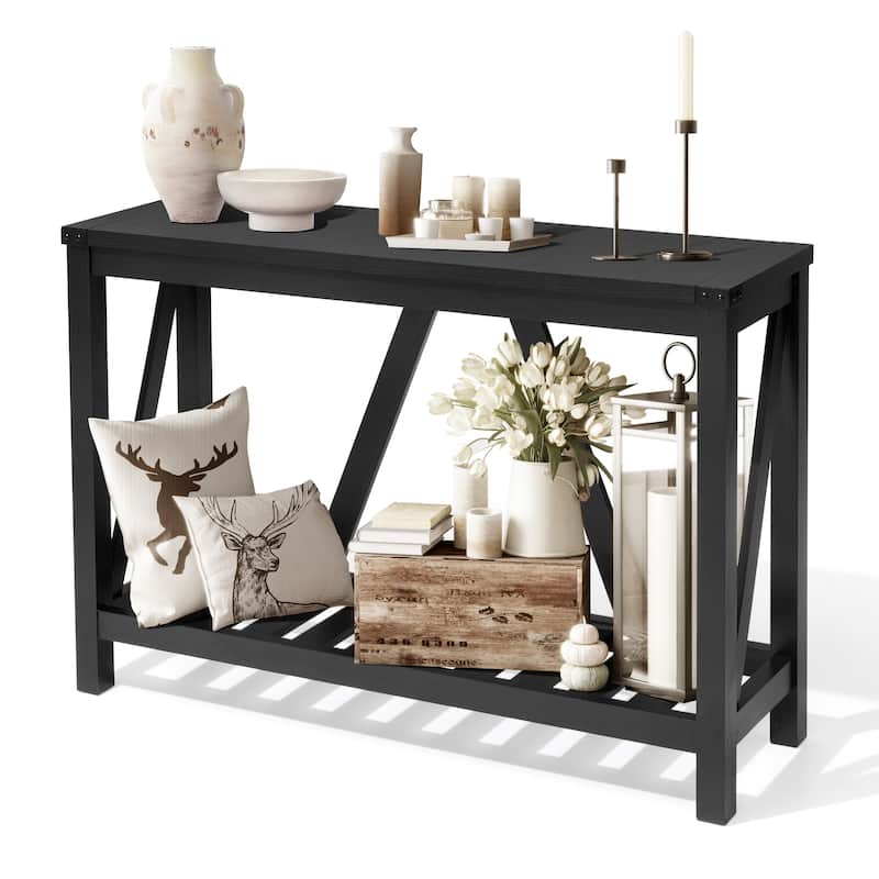 Crestlive 2 Tiers Entryway Console Table Living Room Behind Couch Sofa Table - 45.27" W x 13.97" D x 31.89" H - Black - Wood and Metal/MDF