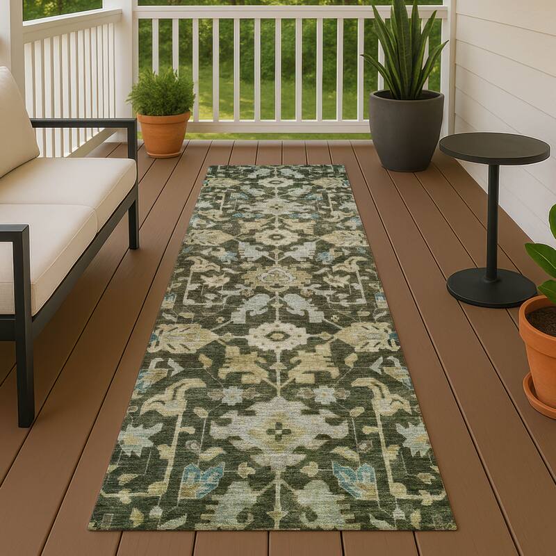 Machine Washable Indoor/ Outdoor Casual Traditional Chantille Rug - Olive - 2'3" x 7'6"