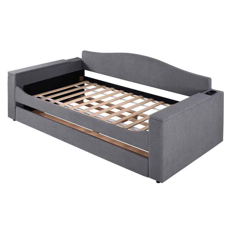 Upholstered Daybed with Storage Armrests,Trundle and Latest Integrated Bluetooth Audio System