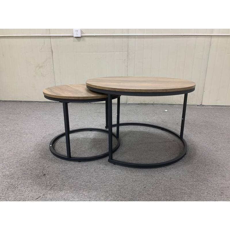 Round Nesting Coffee Table Set of 2 with Marble Pattern Top & Metal Frame