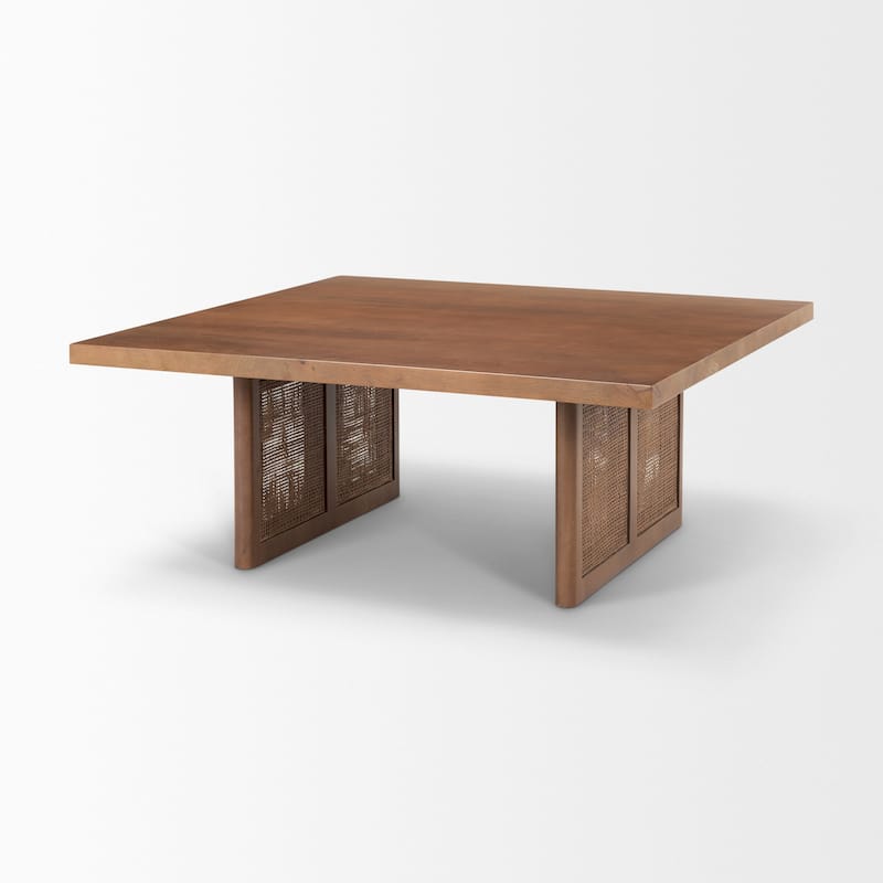 HomeRoots 42" Brown and Natural Solid Wood and Wicker Square Double Pedestal Coffee Table - 42' X '17' X '42