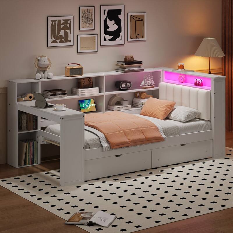 Twin/Full Size Daybed with LED Light, Side Desk and 2 Drawers, Wooden Sofa Bed with Storage Shelves and Upholstered Headboard - White - Twin