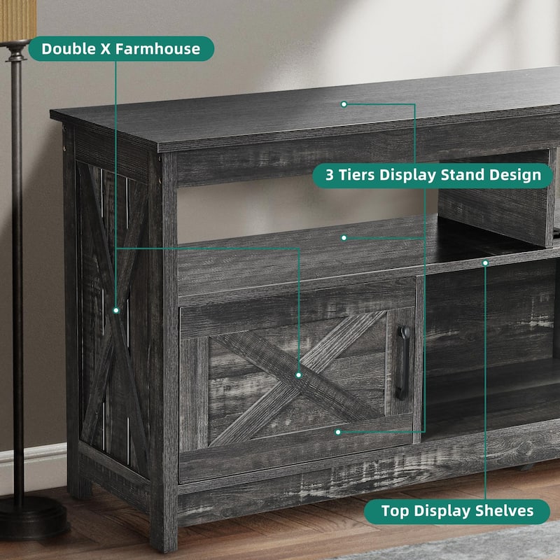 Farmhouse TV Stand for up to 65" TV with Doors and Open Shelves Media Console Power Outlet