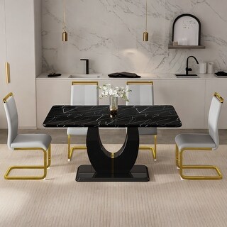 Black Marble Dining Table Set with 4 Light Gray PU Chairs, Gold Legs ...