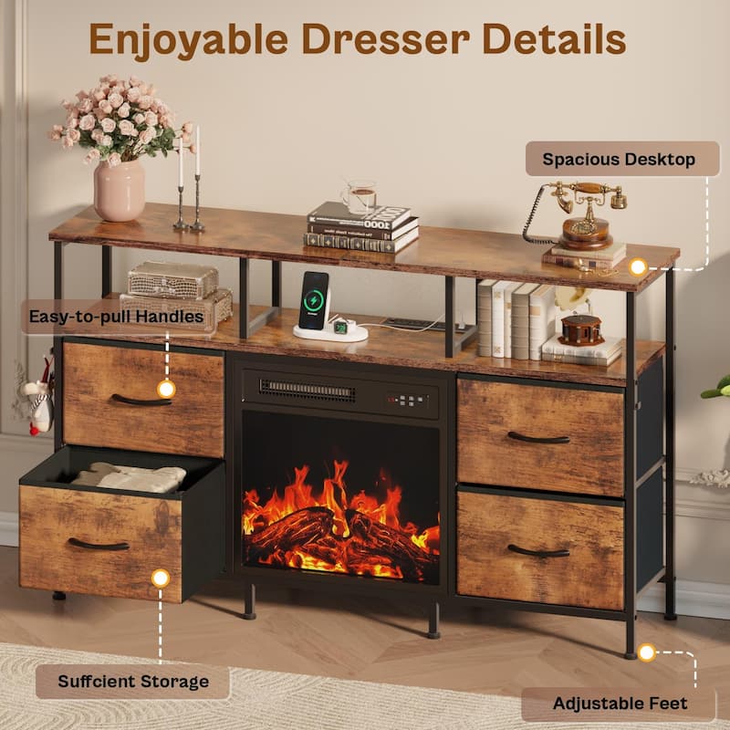 BOSSIN Fireplace TV Stand & Entertainment Center with LED Lights, 4 PU Leather Drawers, Open Shelves, and Built-in Power Outlets