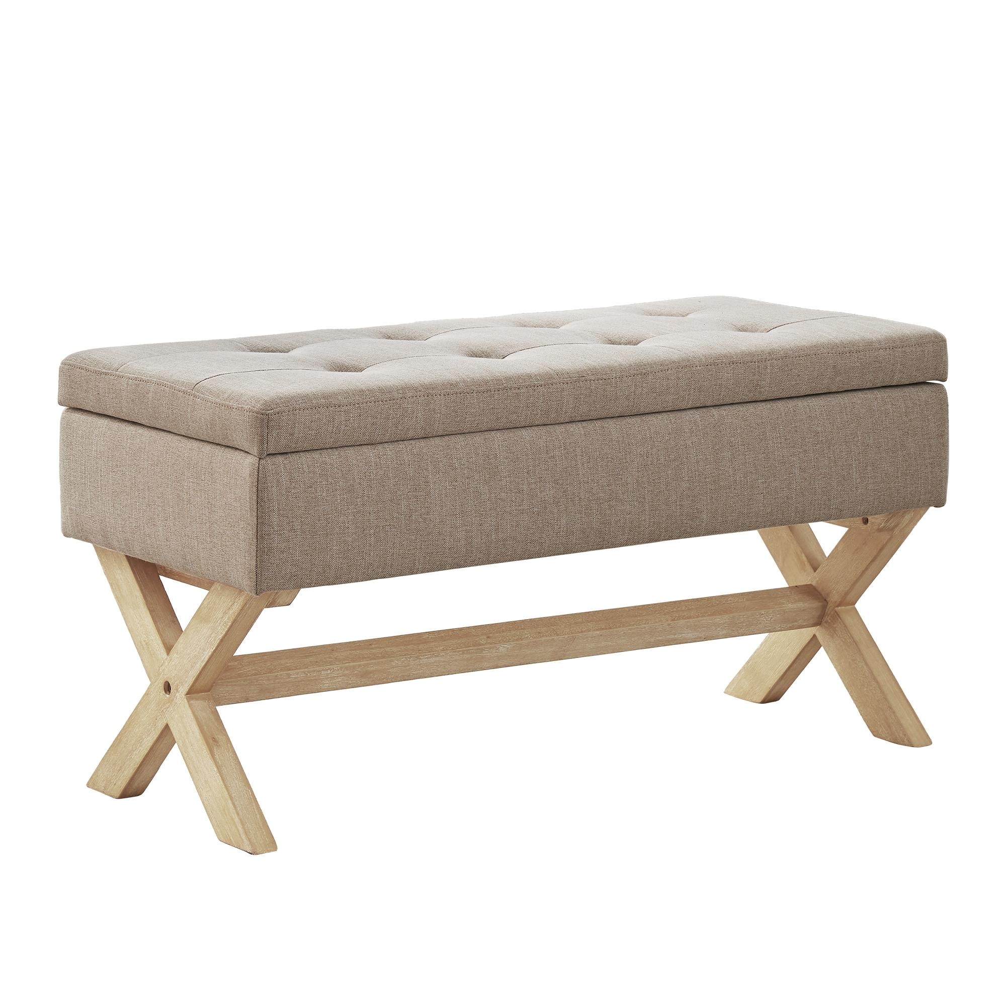 Fabric Entryway Bench Beige/ Grey Upholstered Storage Bench with X