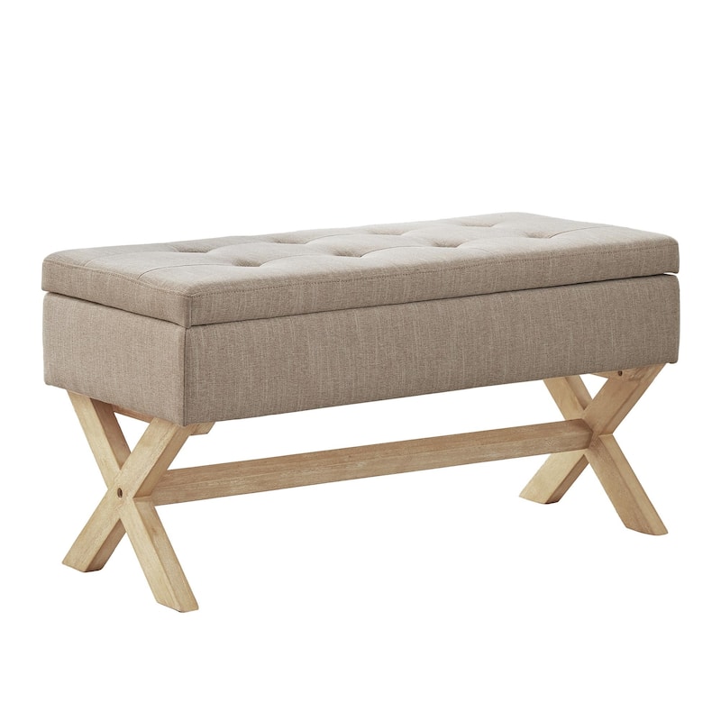 Fabric Entryway Bench Beige/ Grey Upholstered Storage Bench with X-Shaped Legs, 36-inch