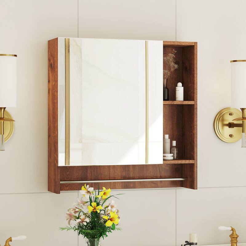 2-in-1 Mirror Cabinet Wall Medicine Cabinet Over The Toilet Storage Cabinet with High-Definition Mirror, Shelves and Towel Rack