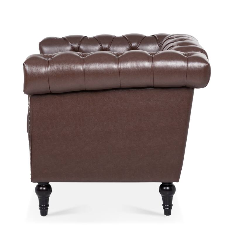 Brown PU Modern 38.98" Upholstered Buttons Tufted Accent Chair with Gourd Shaped Birch Legs and Nailheads