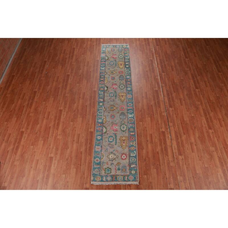 Gay Floral Oushak Oriental Runner Rug Hand-Knotted Wool Carpet - 2'6" x 11'6"