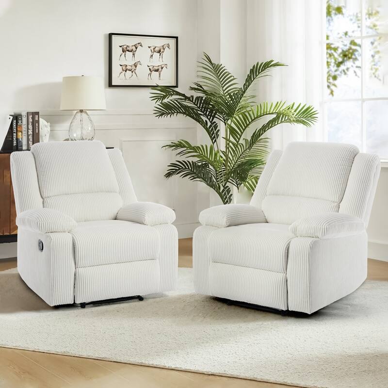 2 Set Corduroy Manual Recliner Glider Club Chair with Footrest - Beige