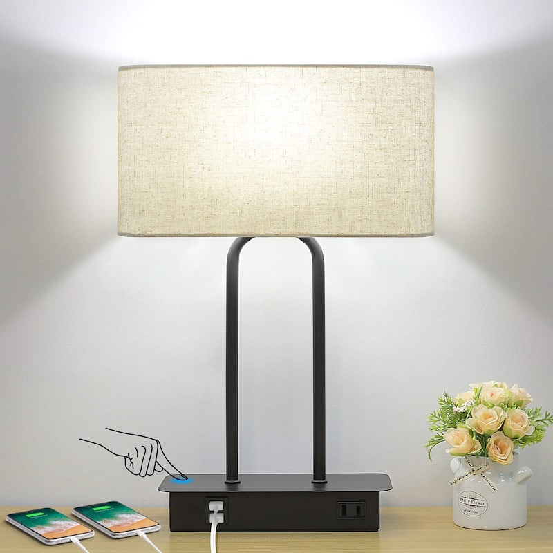 Bedside Touch Control Table Lamp with Dual USB Charging Ports 1 AC Outlet, 3 Way Dimmable Modern Nightstand Lamp - Cream
