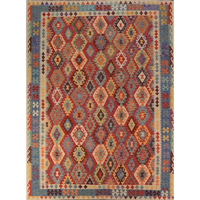 Geometric Kilim Oriental Area Rug Hand-Woven Wool Carpet - 8'5"x 11'5"
