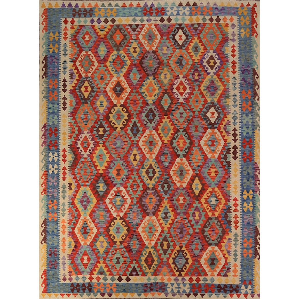 Geometric Kilim Oriental Area Rug Hand-Woven Wool Carpet - 8'5"x 11'5"