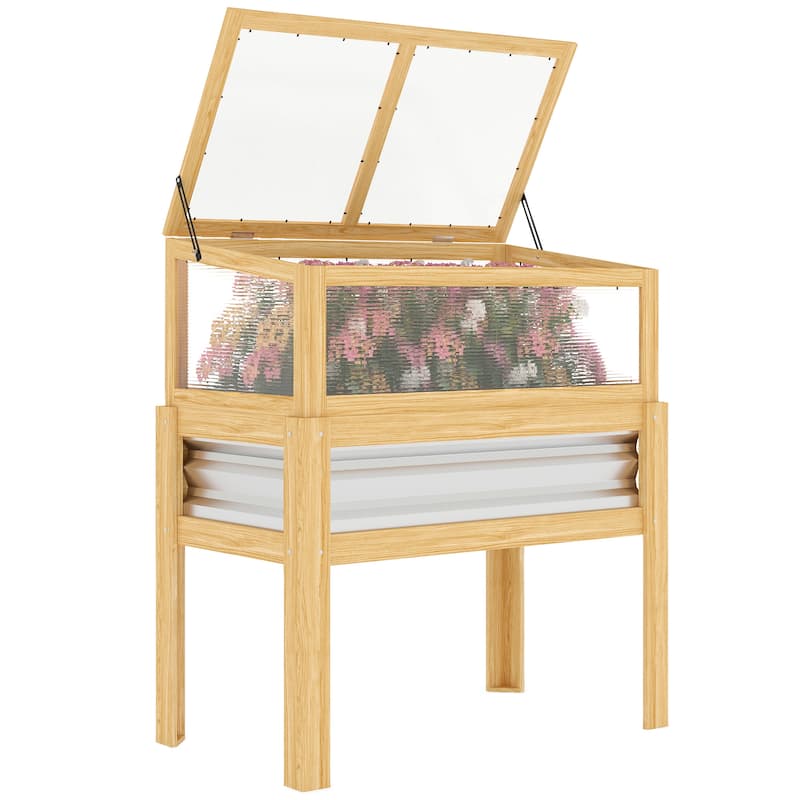 Outsunny Wooden Raised Garden Bed with Flip-Up Greenhouse Top, Raised Garden Bed with Legs and Bed Liner