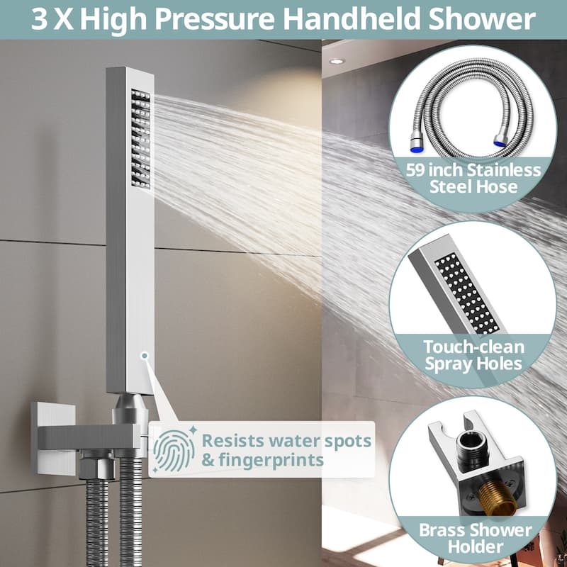 Dual Heads Thermostatic Shower System 12" Wall Rain Shower Head & 12" Ceiling High Pressure Shower Faucet with 6 Body Jets