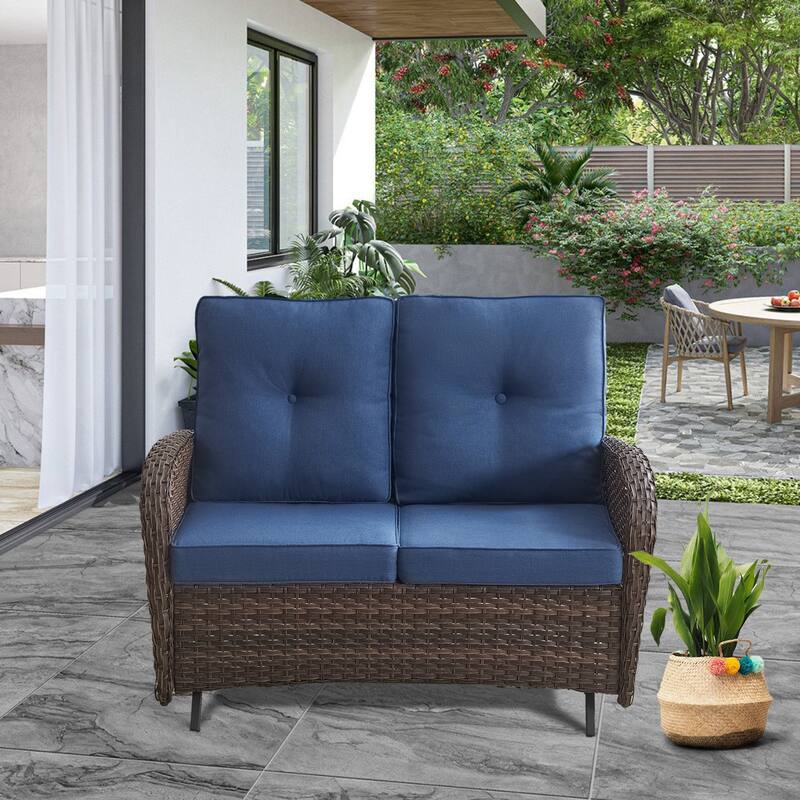 2 Pieces Outdoor Wicker Patio Glider Loveseat with Coffee Table