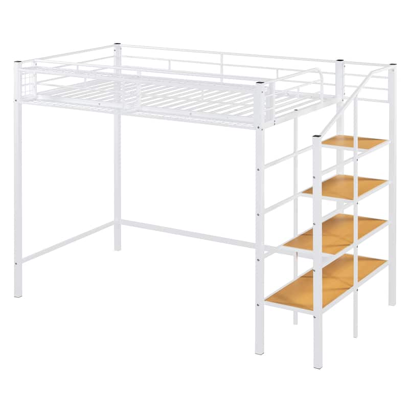 Twin Size Metal Loft Bed with Upper Grid Storage Shelf and Lateral Storage Ladder