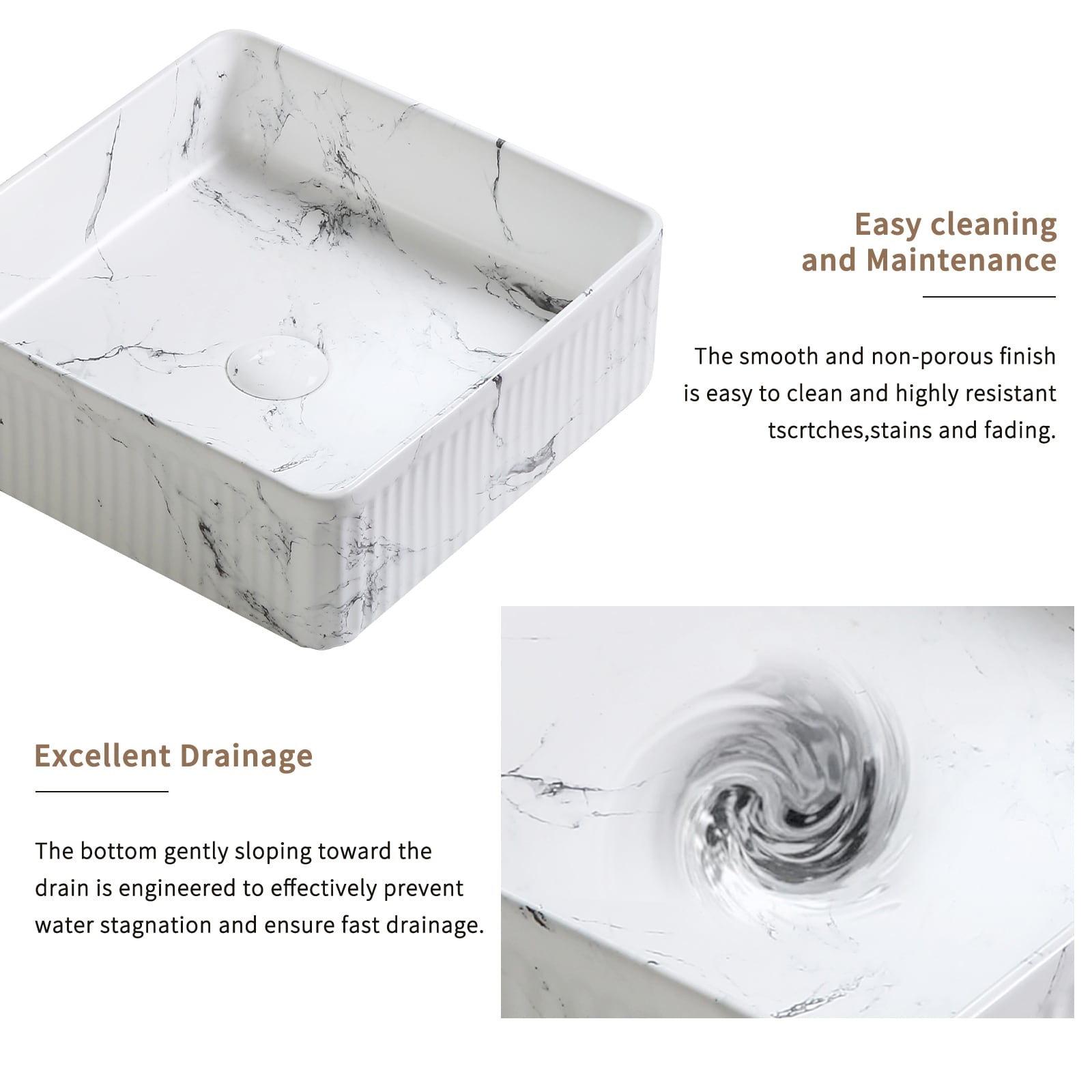 Square Vessel Sink Black White Marble 15"x15" Inch Bathroom Vessel Sink Round Above Counter Sink