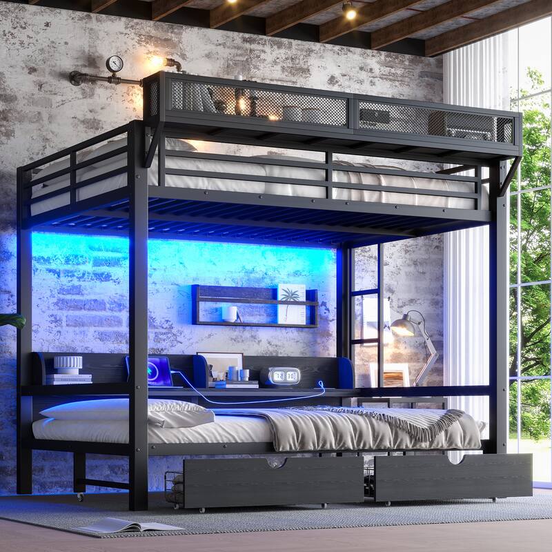 Convertible Queen Bunk Bed with Storage, USB Ports & LED Lights - Space-Saving Multifunctional Metal Bed - Black