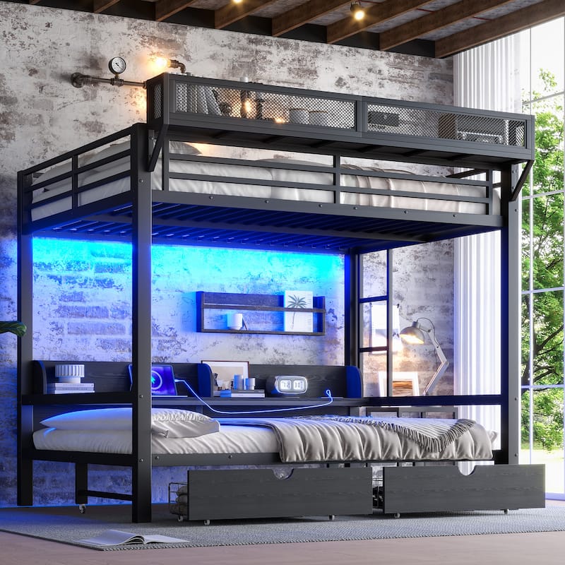 Queen over Queen Bunk Bed with Storage Shelves & Drawers, USB Ports & LED Lights, Convertible Sofa Lower Bed - Black