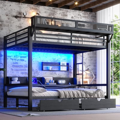 Queen over Queen Bunk Bed with Storage Shelves & Drawers, USB Ports & LED Lights, Convertible Sofa Lower Bed