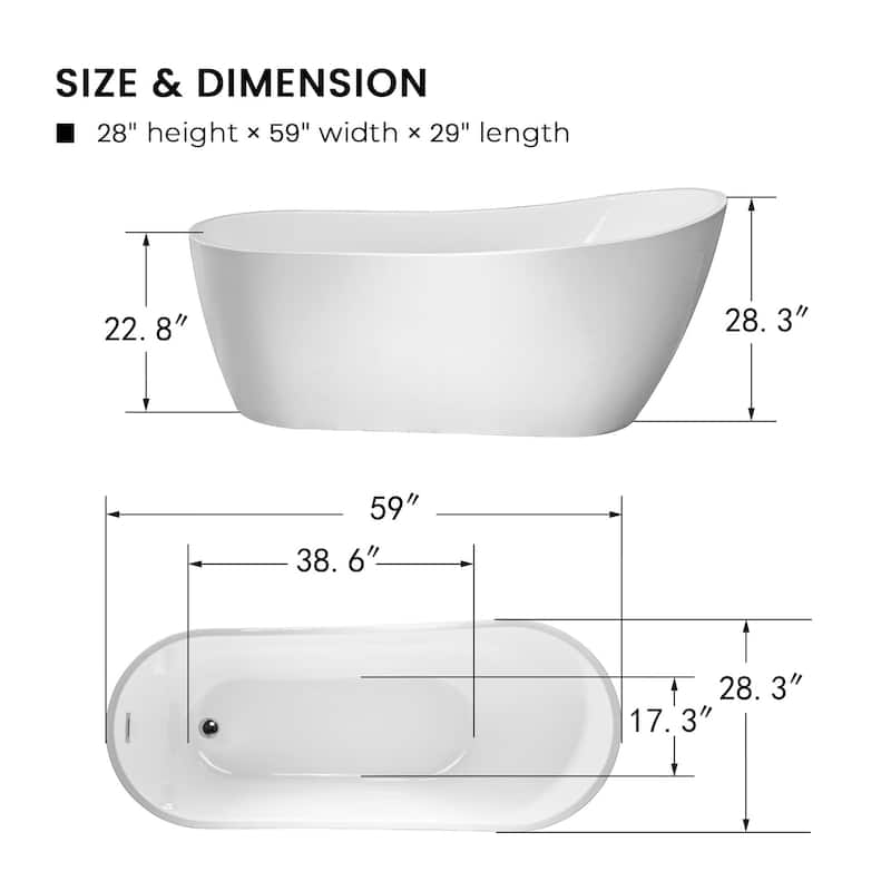 Vanity Art 59-Inch Acrylic Freestanding Soaking Bathtub with Overflow & Pop-up Drain - 59"