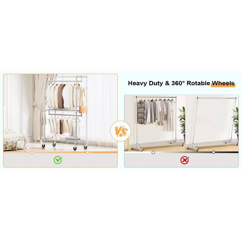 Heavy Duty Rolling Garment Rack with Wheels, 3-Tier Adjustable Wire Shelving, Clothes Rack with 2 Rods & Side Hooks