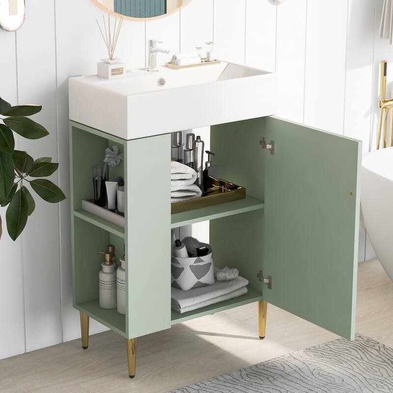 Small Bathroom Vanity with Sink, Bathroom Cabinet with Soft Closing Door, Bathroom Storage Cabinet with Open Storage Shelf