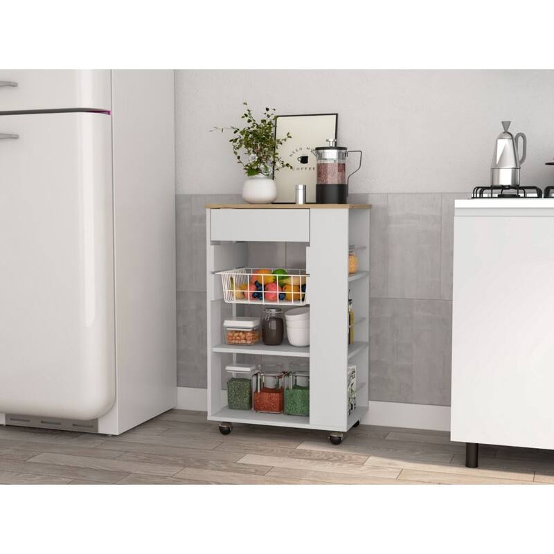 5-Shelf White and Light Oak Kitchen Cart, 1 Drawer & Rack with Caster Wheels for Storage and Mobility