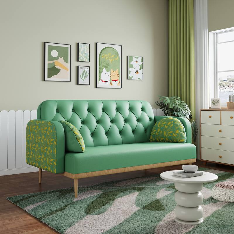 Modern Upholstered Two Seater Green Sofa with Tulip Pattern, Solid Wood Frame