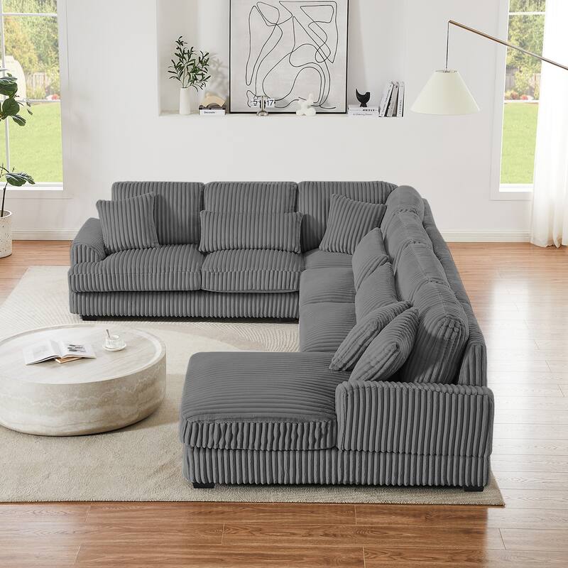 U-Shaped Sectional Sofa with Chaise Lounge, Oversized Corduroy Upholstered Sofa, 5 Seater Sofa with Removable Throw Pillows