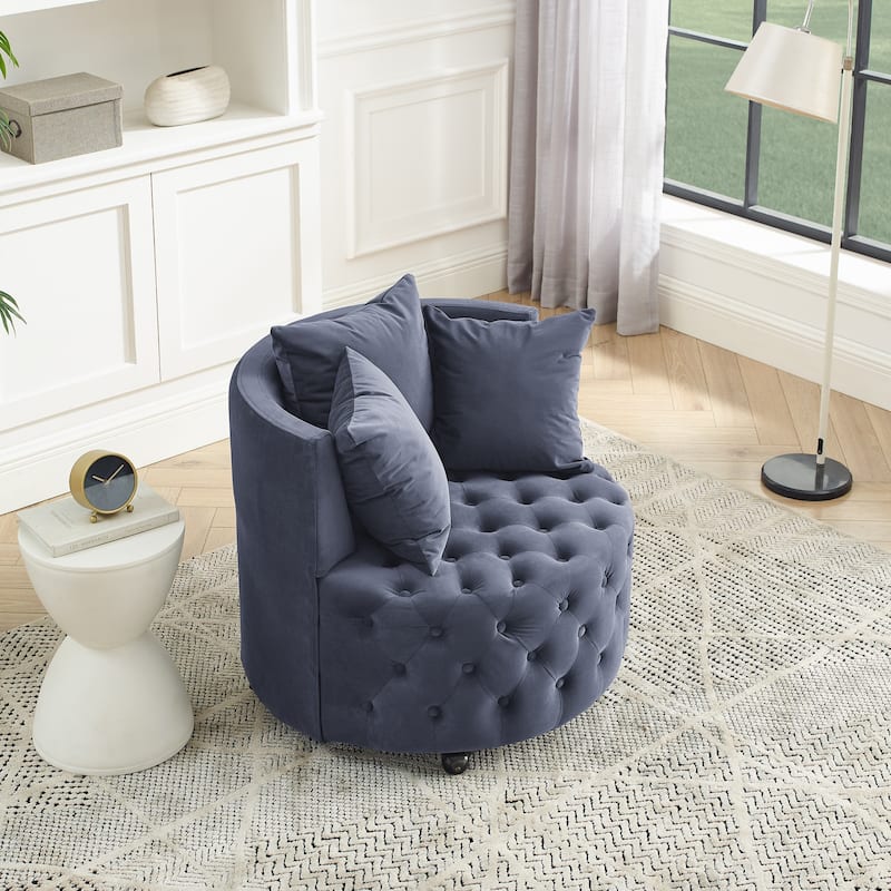 Grey Modern 30" Upholstered Swivel Button Tufted Accent Chair with Movable Wheels and 3 Pillows