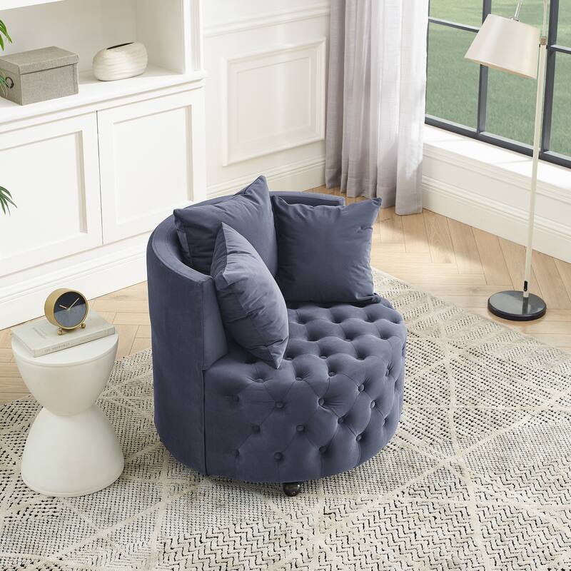 Roomfitters Velvet Swivel Chair with Tufted Button Design, Round Accent Chair with 3 Pillows and Wheels, Lounge Seating