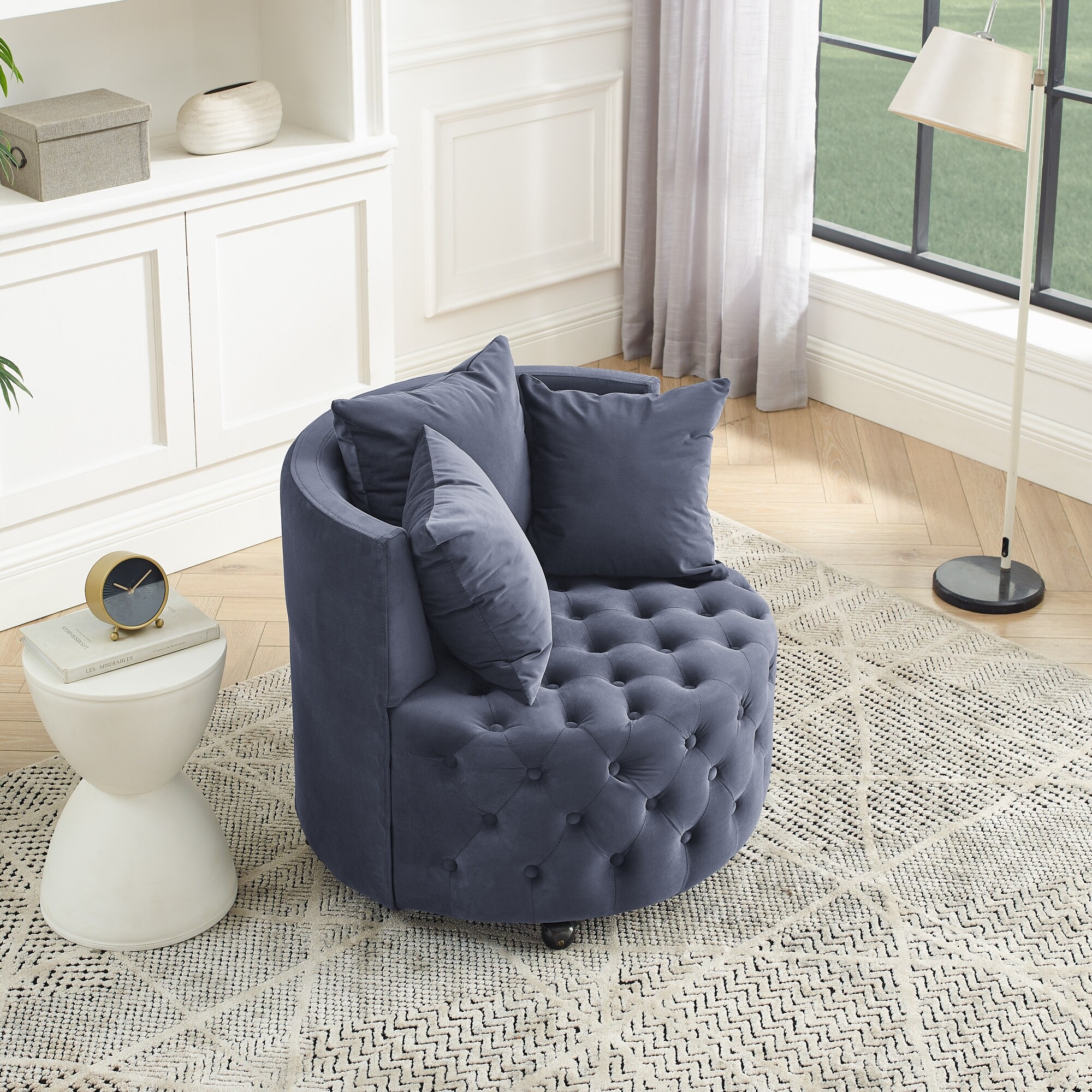 Velvet Upholstered Swivel Chair Sofa Button Tufted Single Sofa Chair with Pillows for Living Room Grey Reading Armchair